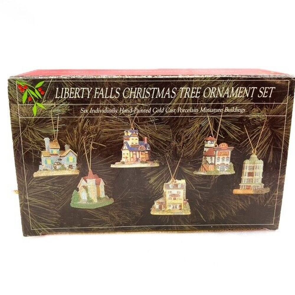 Hand painted Cold Cast Porcelain Miniature Ornaments Six Liberty Falls Buildings